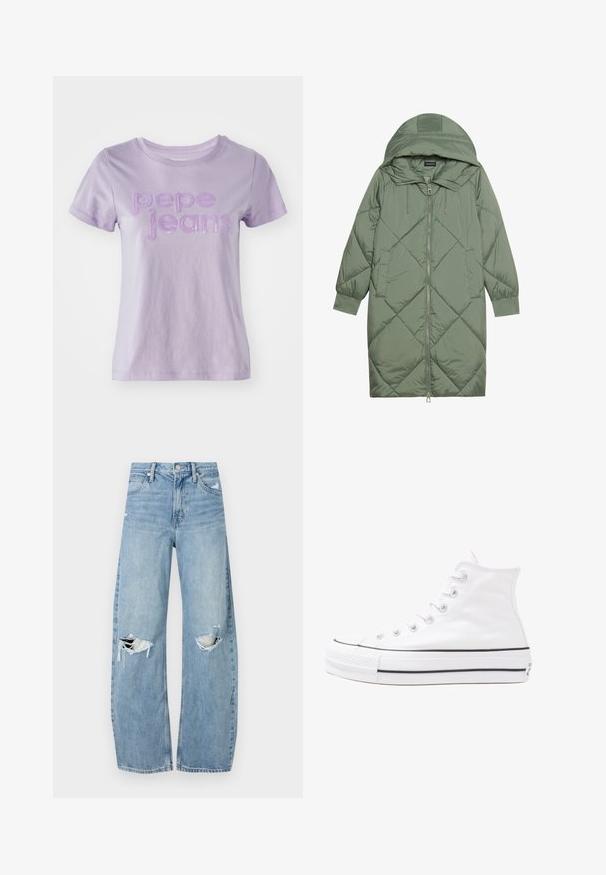 Quiltet lang grønn pufferjakke med hette, med en frontglidelås og to sidelommer. Teksturerte diamantmønster overalt.; Lilas kortermet t-skjorte laget av bomull, med "pepe jeans" i teksturert lilla skrift på forsiden. Glatt stofffinish.; Lyseblå høytlivsjeans laget av denim. Har vide bein, to revne knær og klassisk fem-lommers design.; Hvit høy-skinn kanvas sneakers med svart gummisåle, gummitåhette foran og seks hull for snorer, med et rent, minimalistisk design.