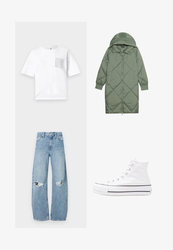 Prostorna dolga zeleni puffer plašč s kapuco, z zadrgo spredaj in dvema stranskima žepoma. Tekstura z diamantnim vzorcem po celotni površini.; Bela bombažna majica s kratkimi rokavi, opremljena s kvadratno žepom, okrašena s srebrnimi študnimi detajli na levem boku. Ohlapen kroj in preprost dizajn.; Svijetloplave traperice visoki struk. Imaju široke nogavice, dva poderana područja na koljenima i klasičan petotoksi stil.; Beli visoki platneni športni čevelj z črnim gumijastim podplatom, sprednjim gumijastim zaščitnikom za prste in šestimi luknjicami za vezalke, ki se ponaša s preprostim, minimalističnim dizajnom.
