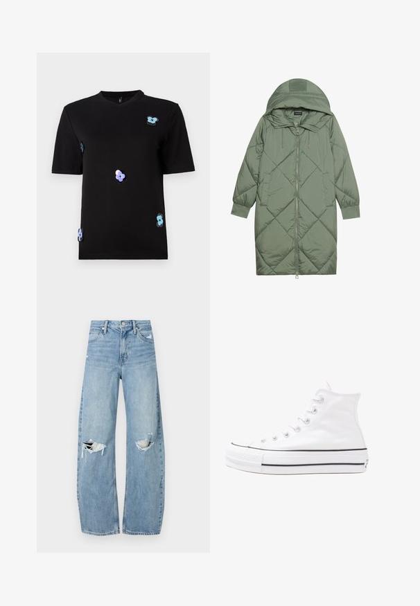 Prošívaný dlouhý zelený péřový kabát s kapucí, který má přední zip a dvě boční kapsy. Po celém povrchu je texturovaný diamantový vzor.; Černé tričko z bavlny, s krátkým rukávem a kulatým výstřihem. Ozdobené barevnými aplikacemi květin.; Světle modré džíny s vysokým pasem vyrobené z denimu. Mají široké nohavice, dvě roztržené oblasti na kolenou a klasický pětikapsový střih.; Bílé vysoké plátěné tenisky s černou gumovou podrážkou, přední gumovou špičkou a šesti očky na tkaničky, se čistým, minimalistickým designem.