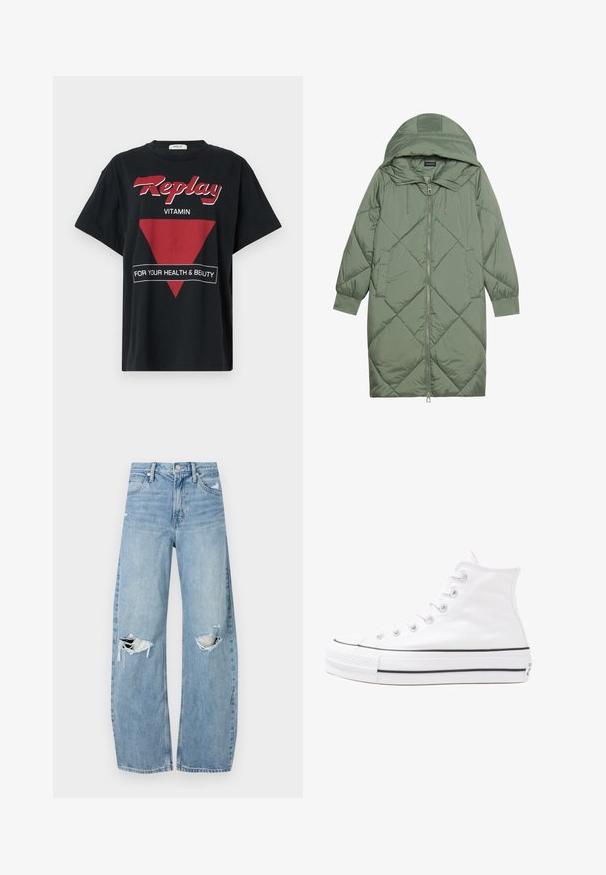 Izšūts garš zaļš pūšļa mētelis ar kapuci, ar priekšējo rāvējslēdzēju un divām sānu kabatām. Visā virsmā ir teksturēta dimanta raksts.; Melnas kokvilnas T-krekls ar lielu sarkanu trijstūri, baltiem uzrakstiem "Replay" un "TAVAI VESELĪBAI UN SKAISTUMAM", ar īsām piedurknēm un brīvu piegriezumu.; Gaiši zili, augstās vidukļa džinsi, kas izgatavoti no denima. Iespējas plašas kājas, divas plēstas ceļa daļas un klasiskā piecu kabatu dizains.; Balti augstie kanvas sporta apavi ar melnu gumijas zoli, priekšējo gumijas purngalu un sešām acīm lencēm, kuriem ir tīrs, minimālistisks dizains.