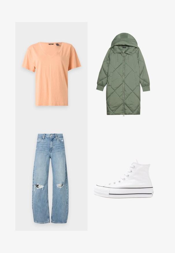 Quilted long green puffer coat with a hood, featuring a front zipper closure and two side pockets. Textured diamond pattern throughout.; Short-sleeve, V-neck t-shirt in light peach, made from soft cotton material. Features a relaxed fit and subtle stitching along the hem.; Light blue, high-waisted jeans made of denim. Feature wide legs, two torn knee areas, and classic five-pocket styling.; White high-top canvas sneaker with black rubber sole, front rubber toe cap, and six eyelets for laces, featuring a clean, minimalist design.