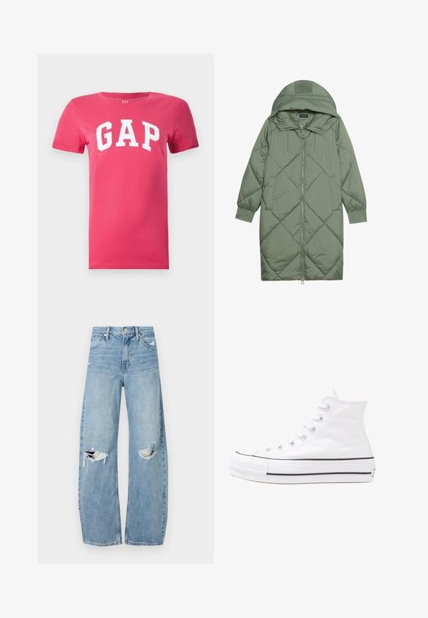 Abrigo acolchado largo verde tipo puffer con capucha, que presenta un cierre frontal con cremallera y dos bolsillos laterales. Patrón de diamantes texturizado en toda su superficie.; Camiseta de algodón rosa con cuello redondo y mangas cortas, con "GAP" impreso en grandes letras blancas en el pecho.; Vaqueros de mezclilla de tiro alto en azul claro. Tienen piernas anchas, dos áreas desgastadas en las rodillas y un estilo clásico de cinco bolsillos.; Zapatilla de lona alta blanca con suela de goma negra, puntera de goma frontal y seis ojetes para los cordones, que presenta un diseño limpio y minimalista.