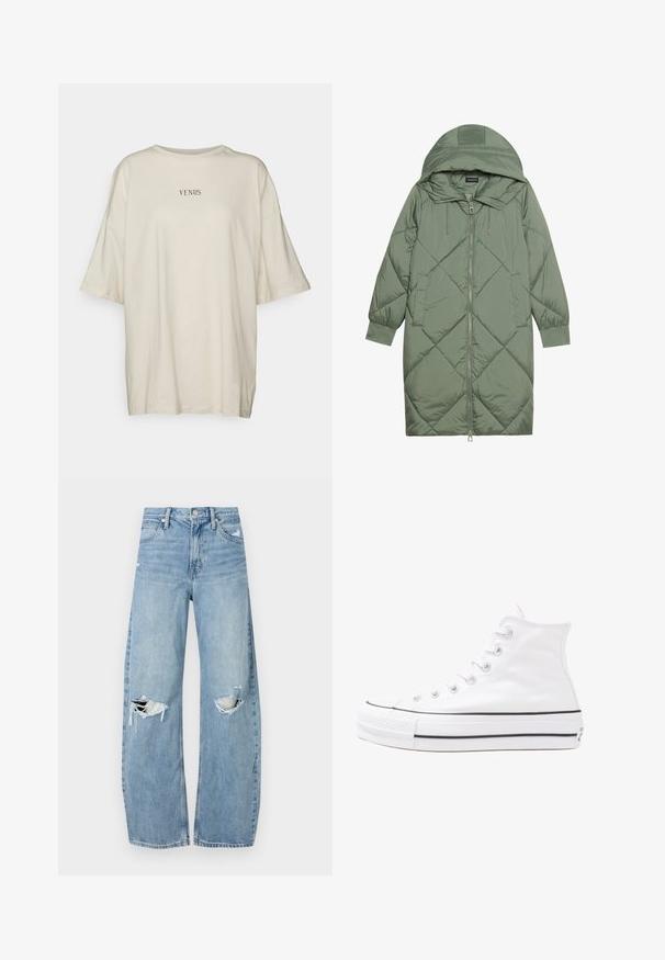 Quiltuotas ilgas žalias pūkinis paltas su kapuce, turintis priekinį užtrauktuką ir dvi šonines kišenes. Visame paviršiuje yra tekstūrinis rombų raštas.; Kreminės spalvos perdidelis marškinėliai, pagaminti iš minkštos medžiagos, su apvaliu kaklu ir trumpomis rankovėmis. Centre juodu šriftu užrašyta „VENUS.“; Šviesiai mėlynos, aukštu juosmeniu džinsai pagaminti iš džinsinio audinio. Turi plačias kojų kelnes, dvi suplėšytas kelio vietas ir klasikinį penkių kišenių dizainą.; Balti aukštakulniai drobės sportbačiai su juodu guminio pado, priekinio guminio piršto dangteliu ir šešiais akytėmis raištams, pasižymintys švariu, minimalistiniu dizainu.