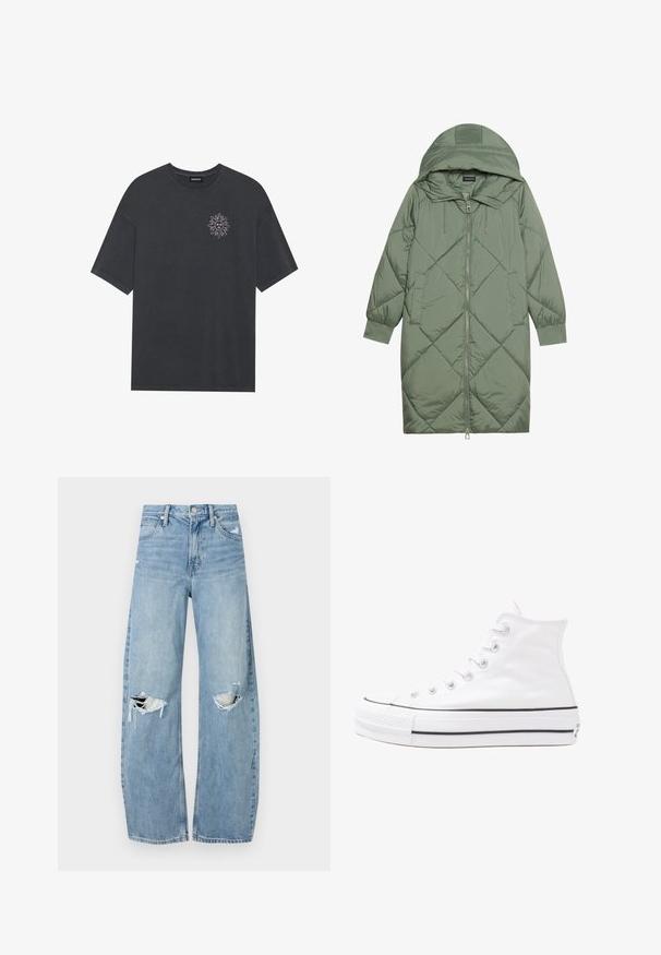 Cele nouă pictate în verde închis, din material pufos, cu glugă, care dispune de închidere cu fermoar frontal și două buzunare laterale. Model texturat cu un model în diamant pe întreaga suprafață.; Tricou din bumbac gri închis, cu guler rotund și mâneci scurte, având un grafic cu soare alb pe zona stângă a pieptului.; Jeans de denim, de un bleu deschis, cu talie înaltă. Au picioare late, două zone rupte la genunchi și un stil clasic cu cinci buzunare.; Adidași albi tip pantofi sport cu glezna din pânză, cu talpă din cauciuc negru, capac de vârf din cauciuc frontal și șase ochiuri pentru șireturi, având un design curat și minimalist.