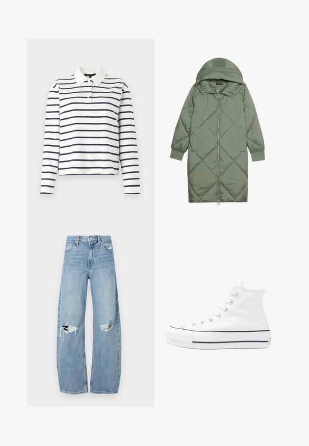 Izšūts garš zaļš pūšļa mētelis ar kapuci, ar priekšējo rāvējslēdzēju un divām sānu kabatām. Visā virsmā ir teksturēta dimanta raksts.; Balts garās piedurknes polo krekls ar tumši ziliem horizontāliem svītrām, ar apkakles izgriezumu un trīs pogu ieslēgšanu. Izgatavots no kokvilnas materiāla.; Gaiši zili, augstās vidukļa džinsi, kas izgatavoti no denima. Iespējas plašas kājas, divas plēstas ceļa daļas un klasiskā piecu kabatu dizains.; Balti augstie kanvas sporta apavi ar melnu gumijas zoli, priekšējo gumijas purngalu un sešām acīm lencēm, kuriem ir tīrs, minimālistisks dizains.