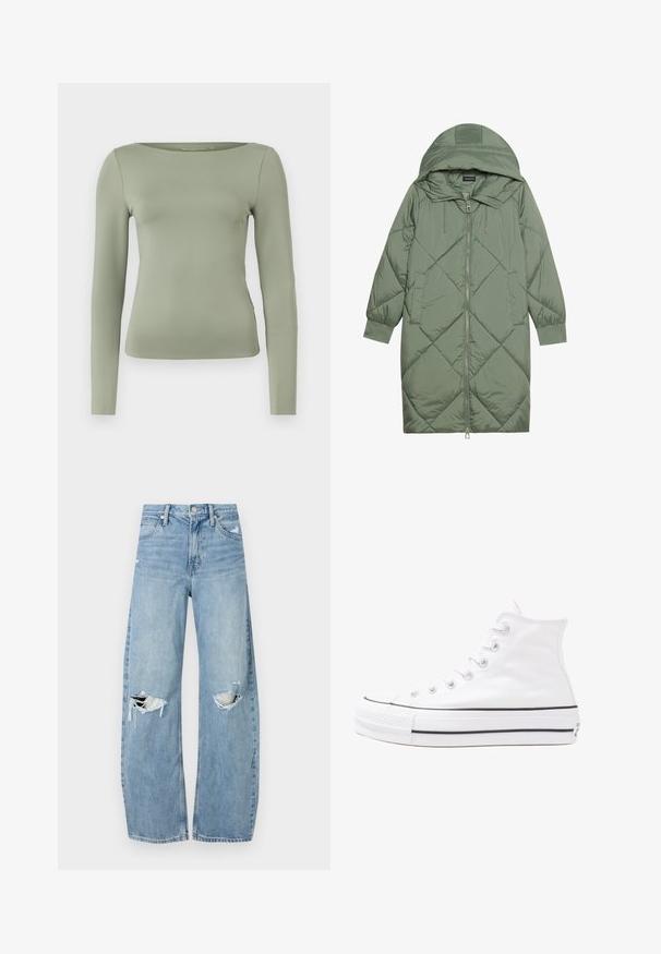 Quiltet lang grøn pufferjakke med hætte, med frontlynlås og to sidelommer. Teksturret diamantmønster over det hele.; Langærmet bluse i lysegrøn med rund halsudskæring og en tætsiddende silhuet lavet af glat, strækbart stof. Ingen mønstre eller udsmykninger.; Lysblå, højtraljede jeans lavet af denim. Har brede ben, to huller ved knæene og klassisk fem-lommes stil.; Hvide høje kanvas sneakers med sort gummisål, gummitåhætte foran og seks øjehuller til snørebånd, der har et rent, minimalistisk design.