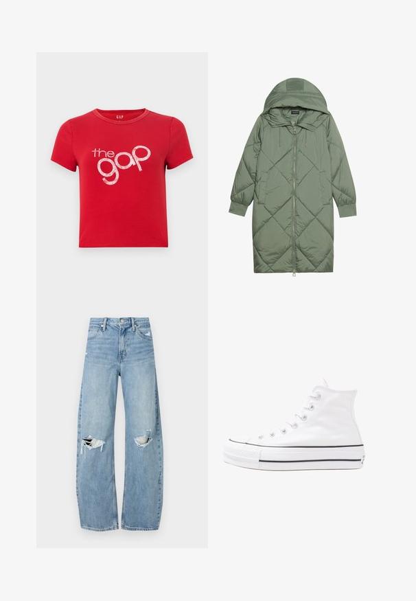 Quiltuotas ilgas žalias pūkinis paltas su kapuce, turintis priekinį užtrauktuką ir dvi šonines kišenes. Visame paviršiuje yra tekstūrinis rombų raštas.; Raudona medvilninė trumpomis rankovėmis marškinėliai su apvalia iškirpte ir dideliu baltu blizgančiu tekstu "the gap" centre. Paprastas dizainas, be raštų.; Šviesiai mėlynos, aukštu juosmeniu džinsai pagaminti iš džinsinio audinio. Turi plačias kojų kelnes, dvi suplėšytas kelio vietas ir klasikinį penkių kišenių dizainą.; Balti aukštakulniai drobės sportbačiai su juodu guminio pado, priekinio guminio piršto dangteliu ir šešiais akytėmis raištams, pasižymintys švariu, minimalistiniu dizainu.