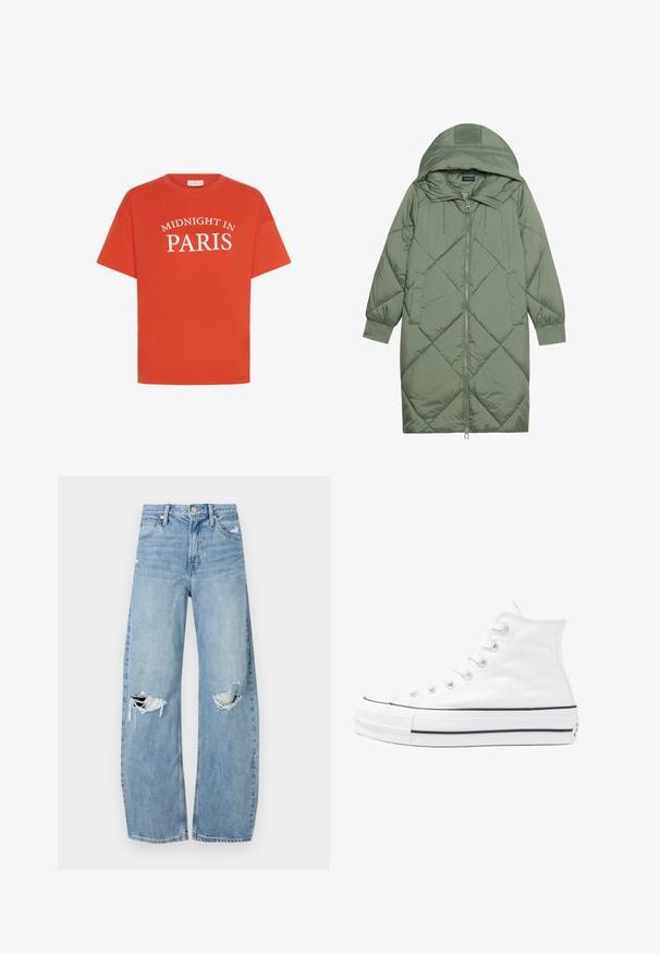 Cappotto lungo imbottito verde con un cappuccio, caratterizzato da una chiusura frontale a zip e due tasche laterali. Motivo a rombi testurizzati su tutta la superficie.; T-shirt di cotone arancione con maniche corte, caratterizzato da del testo bianco che recita "MIDNIGHT IN PARIS" in un design ad arco sulla parte anteriore.; Jeans azzurri chiari a vita alta realizzati in denim. Presentano gambe larghe, due aree strappate sulle ginocchia e il classico styling a cinque tasche.; Sneaker alta in tela bianca con suola in gomma nera, punta in gomma frontale e sei asole per i lacci, caratterizzata da un design pulito e minimalista.