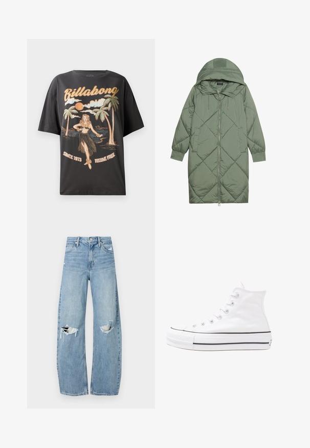 Izšūts garš zaļš pūšļa mētelis ar kapuci, ar priekšējo rāvējslēdzēju un divām sānu kabatām. Visā virsmā ir teksturēta dimanta raksts.; Melnas kokvilnas T-krekls ar krāsainu grafiku, kurā attēlots hula dejotājs, palmas un vārdi "Billabong" treknā fontā.; Gaiši zili, augstās vidukļa džinsi, kas izgatavoti no denima. Iespējas plašas kājas, divas plēstas ceļa daļas un klasiskā piecu kabatu dizains.; Balti augstie kanvas sporta apavi ar melnu gumijas zoli, priekšējo gumijas purngalu un sešām acīm lencēm, kuriem ir tīrs, minimālistisks dizains.