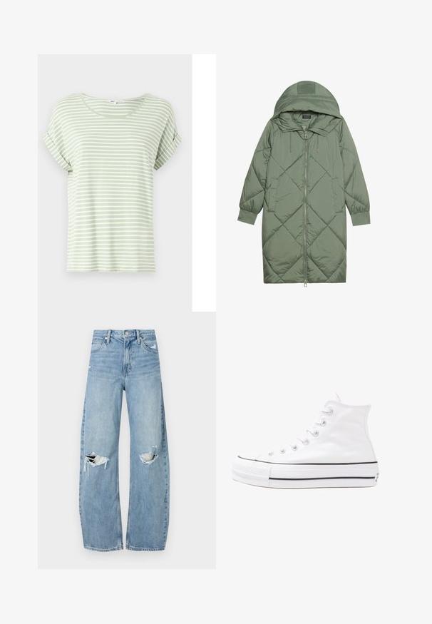 Pistetud pikk roheline puffermantel kapuutsiga, esiküljel tõmblukuga ja kahe küljetaskuga. Kogu pinnal on struktureeritud rombikujundus.; Hele roheline triibuline T-särk, mis on valmistatud pehmest kangast, ümarate dekolteede ja keeratud lühikeste varrukatega ning horisontaalsete valgete triipudega.; Heledad hallideega sinised teksad, millel on kõrge talje. Teksade jalgadel on lai alus, kaks rebitud kohta põlvede ümber ning klassikaline viie tasku stiil.; Valge kõrgem kangast tenniseking, millel on must kummist tald, ees kummist varvasetugi ja kuus aukku paelte jaoks, pakkudes puhta ja minimalistliku disaini.