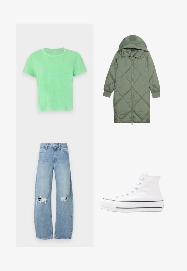 Zelený prešívaný páperový kabát s kapucňou, so zipsovým uzáverom vpredu a dvoma bočnými vreckami. Po celom povrchu je textúrovaný diamantový vzor.; Tričko s krátkym rukávom v svetlozelenej farbe z bavlny s okrúhlym výstrihom a mierne voľným strihom, s textúrovaným, melírovaným povrchom.; Svetlomodré, vysoké džínsy vyrobené z denimu. Majú široké nohavice, dve roztrhnuté kolená a klasický päťvreckový strih.; Biele vysoké plátené tenisky s čiernou gumovou podošvou, prednou gumovou špičkou a šiestimi okami na šnúrky, s čistým, minimalistickým dizajnom.