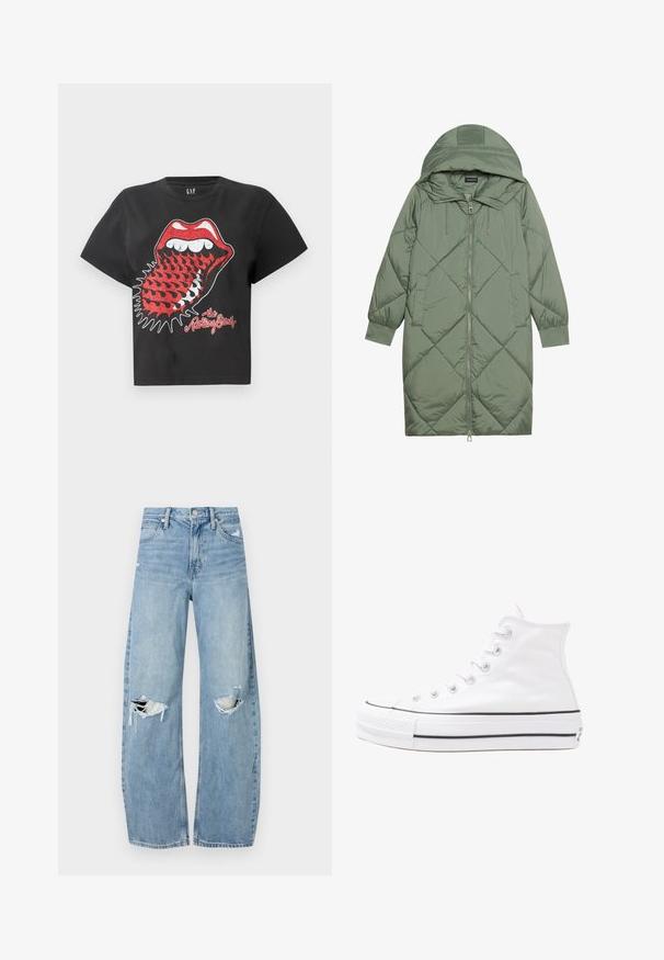 Quiltuotas ilgas žalias pūkinis paltas su kapuce, turintis priekinį užtrauktuką ir dvi šonines kišenes. Visame paviršiuje yra tekstūrinis rombų raštas.; Juodas medvilnės trumpas rankovės marškinėlis su raudonai balta grafika, vaizduojančia lūpas su iltimis ir liežuviu, apačioje spausdintas tekstas "the Rolling Stones".; Šviesiai mėlynos, aukštu juosmeniu džinsai pagaminti iš džinsinio audinio. Turi plačias kojų kelnes, dvi suplėšytas kelio vietas ir klasikinį penkių kišenių dizainą.; Balti aukštakulniai drobės sportbačiai su juodu guminio pado, priekinio guminio piršto dangteliu ir šešiais akytėmis raištams, pasižymintys švariu, minimalistiniu dizainu.