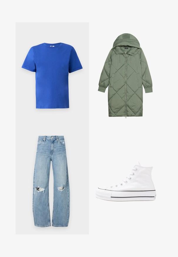 Zelený prešívaný páperový kabát s kapucňou, so zipsovým uzáverom vpredu a dvoma bočnými vreckami. Po celom povrchu je textúrovaný diamantový vzor.; Tričko s krátkym rukávom v jasne modrej bavlne, s okrúhlym výstrihom a hladkou textúrou bez viditeľných vzorov alebo akcentov.; Svetlomodré, vysoké džínsy vyrobené z denimu. Majú široké nohavice, dve roztrhnuté kolená a klasický päťvreckový strih.; Biele vysoké plátené tenisky s čiernou gumovou podošvou, prednou gumovou špičkou a šiestimi okami na šnúrky, s čistým, minimalistickým dizajnom.