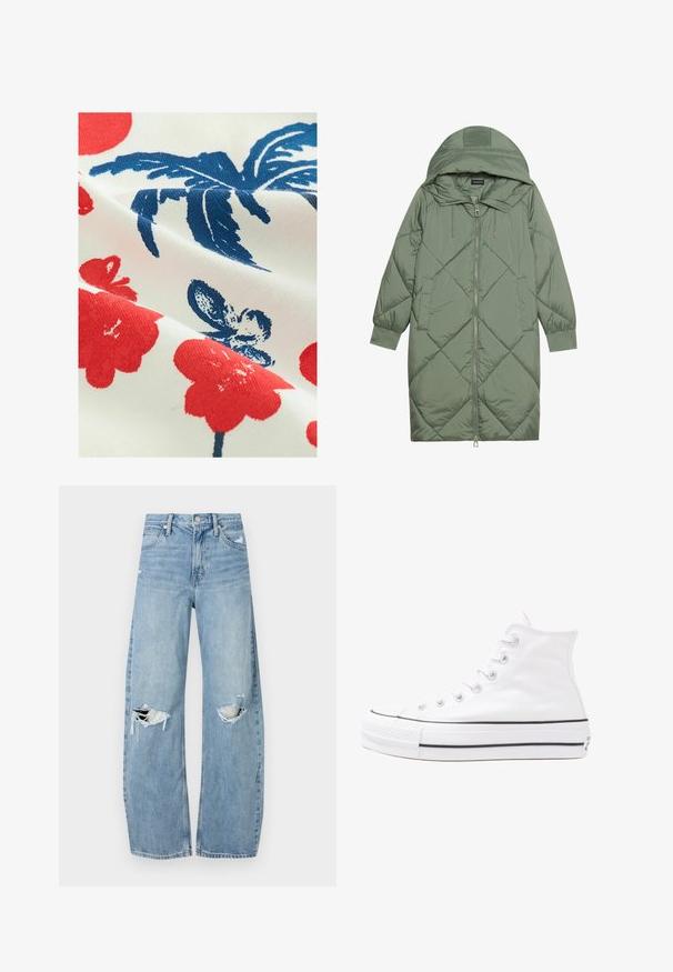 Abrigo acolchado largo verde tipo puffer con capucha, que presenta un cierre frontal con cremallera y dos bolsillos laterales. Patrón de diamantes texturizado en toda su superficie.; Tejido de algodón con un fondo blanco que presenta patrones florales rojos y diseños de hojas azules, mostrando un acabado impreso y texturizado.; Vaqueros de mezclilla de tiro alto en azul claro. Tienen piernas anchas, dos áreas desgastadas en las rodillas y un estilo clásico de cinco bolsillos.; Zapatilla de lona alta blanca con suela de goma negra, puntera de goma frontal y seis ojetes para los cordones, que presenta un diseño limpio y minimalista.