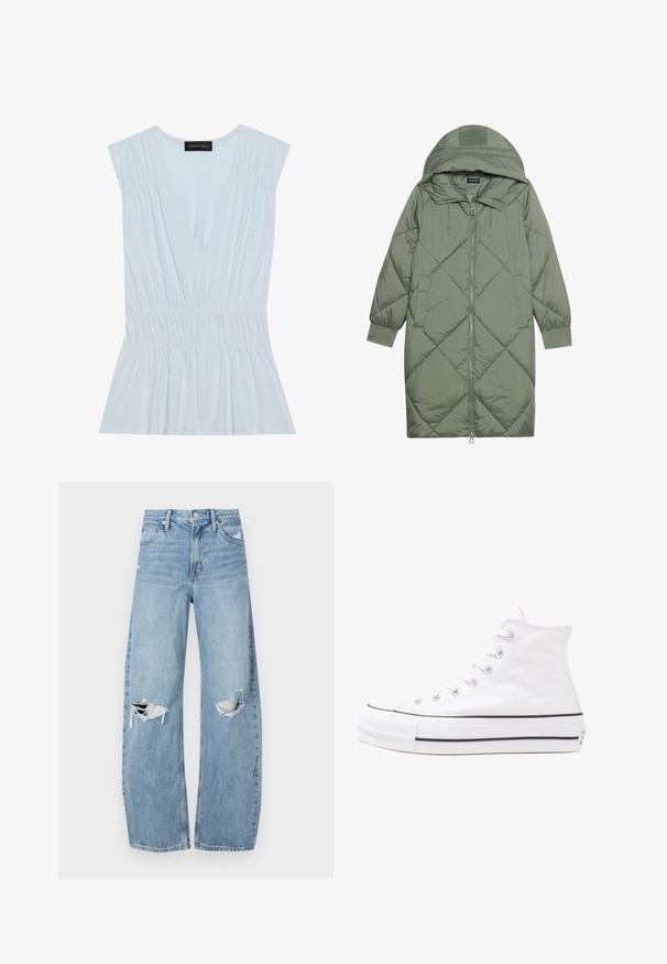 Vihreä vuorattu pitkänmallinen puhvitakki, jossa on huppu, etuvetoketju ja kaksi sivutaskua. Koko takin pinta on teksturoidussa timanttikuviossa.; Vaaleansininen toppi, jossa on syvä V-kaula-aukko, tiukasti laskostetut olkapäät ja kerätty vyötärö. Valmistettu pehmeästä kankaasta, jossa on liehuva alahelma. Logo tarrassa.; Vaaleansiniset, korkeavyötäröiset farkut, jotka on valmistettu denimmateriaalista. Ominaisuuksiin kuuluvat leveät lahkeet, kaksi revittyä polvialuetta ja klassinen viiden taskun tyyli.; Valkoiset korkeavartiset kangaskengät mustalla kumipohjalla, edessä kuminen varvasosa ja kuusi nauha-aukkoa, puhtaan minimalistisella muotoilulla.