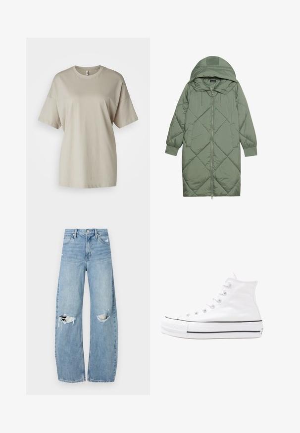 Prostorna dolga zeleni puffer plašč s kapuco, z zadrgo spredaj in dvema stranskima žepoma. Tekstura z diamantnim vzorcem po celotni površini.; Bež majica iz mehkega bombaža, z okroglo ovratnico, kratkimi rokavi in sproščenim krojem ter ravnim robom.; Svijetloplave traperice visoki struk. Imaju široke nogavice, dva poderana područja na koljenima i klasičan petotoksi stil.; Beli visoki platneni športni čevelj z črnim gumijastim podplatom, sprednjim gumijastim zaščitnikom za prste in šestimi luknjicami za vezalke, ki se ponaša s preprostim, minimalističnim dizajnom.