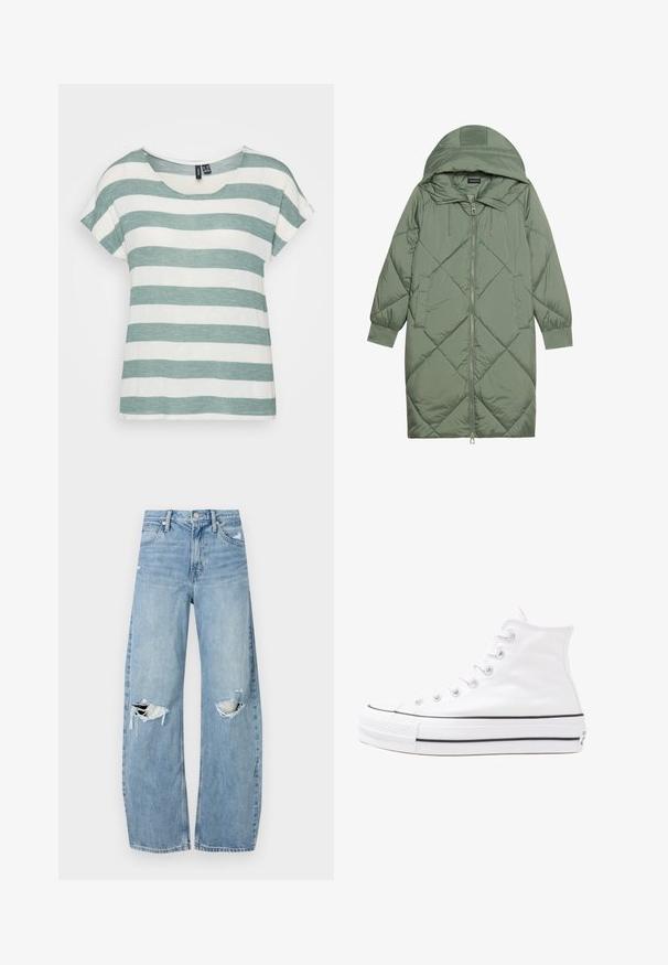 Quilted long green puffer coat with a hood, featuring a front zipper closure and two side pockets. Textured diamond pattern throughout.; Striped short-sleeve top in light green and white. Features a round neckline and relaxed fit, made of soft, textured fabric.; Light blue, high-waisted jeans made of denim. Feature wide legs, two torn knee areas, and classic five-pocket styling.; White high-top canvas sneaker with black rubber sole, front rubber toe cap, and six eyelets for laces, featuring a clean, minimalist design.