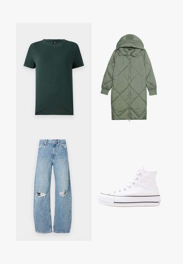 Zelený prešívaný páperový kabát s kapucňou, so zipsovým uzáverom vpredu a dvoma bočnými vreckami. Po celom povrchu je textúrovaný diamantový vzor.; Tmavozelené tričko s krátkym rukávom a okrúhlym výstrihom, vyrobené z mäkkej, hladkej látky. Obsahuje Rolované manžety a voľný strih.; Svetlomodré, vysoké džínsy vyrobené z denimu. Majú široké nohavice, dve roztrhnuté kolená a klasický päťvreckový strih.; Biele vysoké plátené tenisky s čiernou gumovou podošvou, prednou gumovou špičkou a šiestimi okami na šnúrky, s čistým, minimalistickým dizajnom.