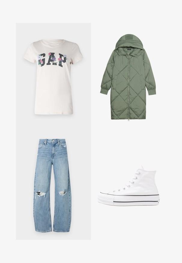 Prošívaný dlouhý zelený péřový kabát s kapucí, který má přední zip a dvě boční kapsy. Po celém povrchu je texturovaný diamantový vzor.; Krémové bavlněné tričko s výrazným nápisem "GAP" černými písmeny, obklopeným barevnými květinovými grafikami. Krátké rukávy a kulatý výstřih.; Světle modré džíny s vysokým pasem vyrobené z denimu. Mají široké nohavice, dvě roztržené oblasti na kolenou a klasický pětikapsový střih.; Bílé vysoké plátěné tenisky s černou gumovou podrážkou, přední gumovou špičkou a šesti očky na tkaničky, se čistým, minimalistickým designem.