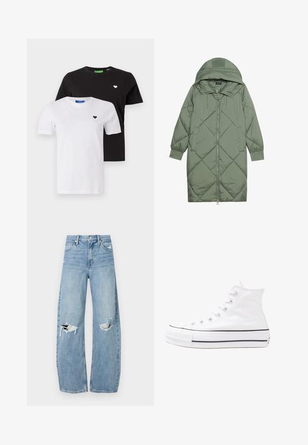 Prošívaný dlouhý zelený péřový kabát s kapucí, který má přední zip a dvě boční kapsy. Po celém povrchu je texturovaný diamantový vzor.; Dvě bavlněná trička: jedno černé s bílým logem srdce, druhé bílé s černým logem srdce. Obě mají klasický kulatý výstřih a krátké rukávy.; Světle modré džíny s vysokým pasem vyrobené z denimu. Mají široké nohavice, dvě roztržené oblasti na kolenou a klasický pětikapsový střih.; Bílé vysoké plátěné tenisky s černou gumovou podrážkou, přední gumovou špičkou a šesti očky na tkaničky, se čistým, minimalistickým designem.