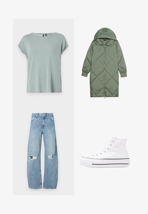 Manteau matelassé long vert avec capuche, doté d'une fermeture éclair à l'avant et de deux poches latérales. Motif en losanges texturé sur toute sa surface.; T-shirt vert clair au fit décontracté, à manches courtes retroussées et à encolure ronde. Texture douce et lisse avec un design légèrement ample.; Jeans en denim bleu clair à taille haute. Présentent des jambes larges, deux zones déchirées aux genoux et un style classique à cinq poches.; Baskets montantes en toile blanche avec semelle en caoutchouc noir, capuchon en caoutchouc à l'avant, et six œillets pour les lacets, présentant un design épuré et minimaliste.