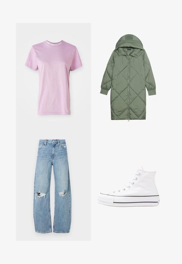 Quiltet lang grøn pufferjakke med hætte, med frontlynlås og to sidelommer. Teksturret diamantmønster over det hele.; Lyserød kortærmet t-shirt med rund halsudskæring og teksten "THE NORTH FACE" i hvid på kraven. Blødt bommateriale.; Lysblå, højtraljede jeans lavet af denim. Har brede ben, to huller ved knæene og klassisk fem-lommes stil.; Hvide høje kanvas sneakers med sort gummisål, gummitåhætte foran og seks øjehuller til snørebånd, der har et rent, minimalistisk design.