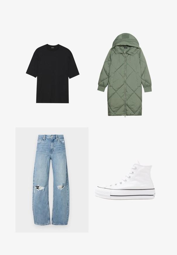 Quilted long green puffer coat with a hood, featuring a front zipper closure and two side pockets. Textured diamond pattern throughout.; Black short-sleeve t-shirt made of cotton. Features a crew neckline and straight hem. Minimalist design without patterns or accents.; Light blue, high-waisted jeans made of denim. Feature wide legs, two torn knee areas, and classic five-pocket styling.; White high-top canvas sneaker with black rubber sole, front rubber toe cap, and six eyelets for laces, featuring a clean, minimalist design.