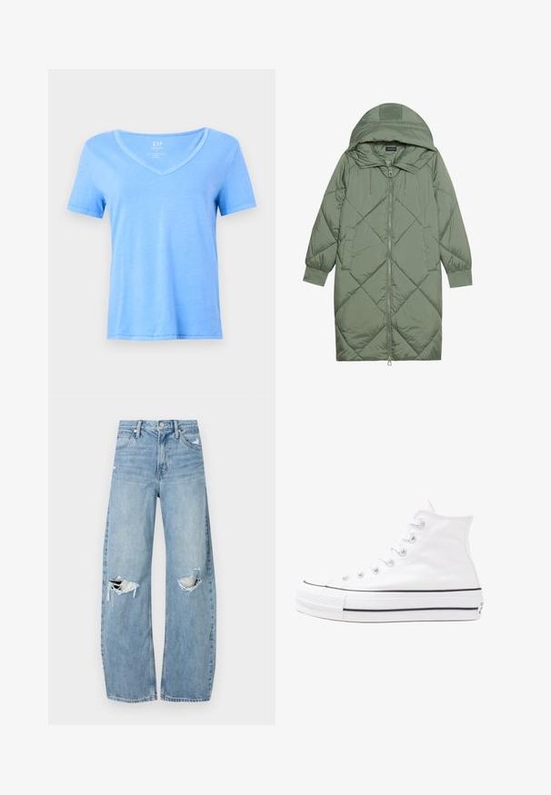 Casaco puffer longo verde acolchoado com capuz, apresentando um fecho frontal com zíper e dois bolsos laterais. Padrão texturizado em forma de diamante por todo o casaco.; T-shirt de algodão azul claro com decote em V, mangas curtas e um corte descontraído. Textura suave e cor sólida sem padrões ou gráficos.; Jeans de lavagem clara, de cintura alta, feitos de denim. Apresentam pernas largas, duas áreas rasgadas nos joelhos e o estilo clássico de cinco bolsos.; Sapatilha alta de tela branca com sola de borracha preta, bico de borracha na frente e seis ilhós para os atacadores, apresentando um design limpo e minimalista.