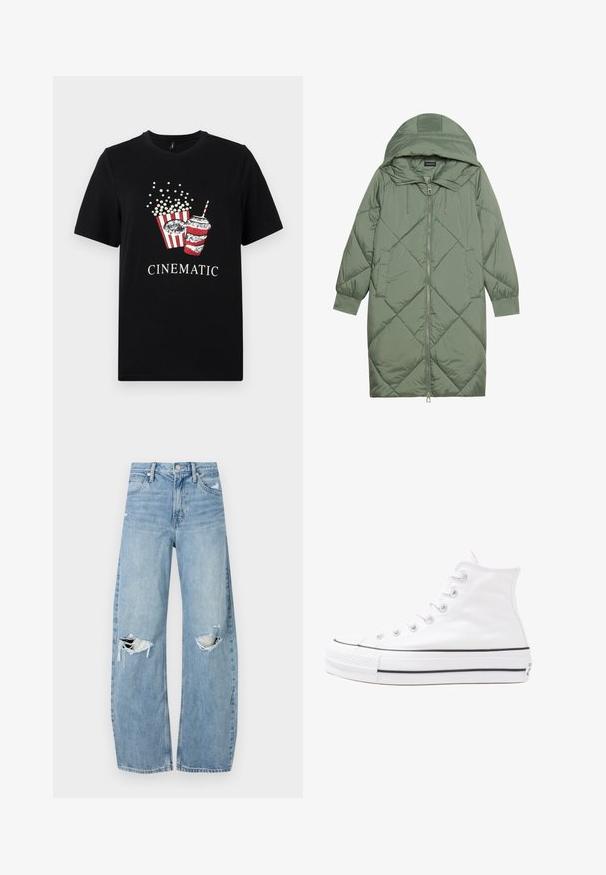 Quiltuotas ilgas žalias pūkinis paltas su kapuce, turintis priekinį užtrauktuką ir dvi šonines kišenes. Visame paviršiuje yra tekstūrinis rombų raštas.; Juodas medvilnės marškinėliai su popkorno ir gėrimo grafika. Dizainas apima raudonai baltas juostas, o žodis "CINEMATIC" yra baltos spalvos.; Šviesiai mėlynos, aukštu juosmeniu džinsai pagaminti iš džinsinio audinio. Turi plačias kojų kelnes, dvi suplėšytas kelio vietas ir klasikinį penkių kišenių dizainą.; Balti aukštakulniai drobės sportbačiai su juodu guminio pado, priekinio guminio piršto dangteliu ir šešiais akytėmis raištams, pasižymintys švariu, minimalistiniu dizainu.