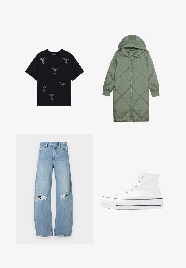 Vihreä vuorattu pitkänmallinen puhvitakki, jossa on huppu, etuvetoketju ja kaksi sivutaskua. Koko takin pinta on teksturoidussa timanttikuviossa.; Musta puuvillapaita, jossa on useita strassikoristeltuja nauhasuunnitelmia etupuolella. Pyöreä kaula-aukko ja lyhyet hihat.; Vaaleansiniset, korkeavyötäröiset farkut, jotka on valmistettu denimmateriaalista. Ominaisuuksiin kuuluvat leveät lahkeet, kaksi revittyä polvialuetta ja klassinen viiden taskun tyyli.; Valkoiset korkeavartiset kangaskengät mustalla kumipohjalla, edessä kuminen varvasosa ja kuusi nauha-aukkoa, puhtaan minimalistisella muotoilulla.