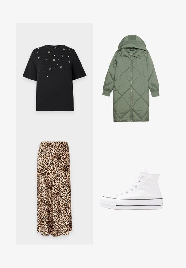 Quiltet lang grønn pufferjakke med hette, med en frontglidelås og to sidelommer. Teksturerte diamantmønster overalt.; Svart t-skjorte med korte ermer, rund hals og spredte sølvdetaljer i blomstermønster over forsiden.; Leopardmønstret lang skjørt laget av glatt stoff. Lysebrun bunn med svarte og brune flekker. Utsvingt design med rett kant.; Hvit høy-skinn kanvas sneakers med svart gummisåle, gummitåhette foran og seks hull for snorer, med et rent, minimalistisk design.