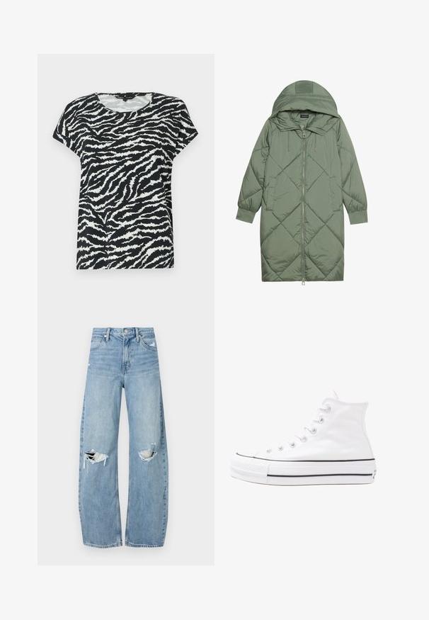 Cappotto lungo imbottito verde con un cappuccio, caratterizzato da una chiusura frontale a zip e due tasche laterali. Motivo a rombi testurizzati su tutta la superficie.; T-shirt corto a maniche corte bianco e nero con motivo a strisce zebrate, scollatura rotonda e texture morbida. Vestibilità casual e design confortevole.; Jeans azzurri chiari a vita alta realizzati in denim. Presentano gambe larghe, due aree strappate sulle ginocchia e il classico styling a cinque tasche.; Sneaker alta in tela bianca con suola in gomma nera, punta in gomma frontale e sei asole per i lacci, caratterizzata da un design pulito e minimalista.