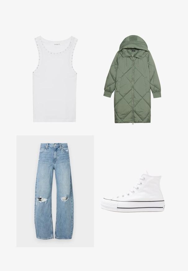 Gequiltede lange groene pufferjas met een capuchon, met een ritssluiting aan de voorkant en twee zijzakken. Gelaagd ruitpatroon overal.; Witte mouwloze tanktop van katoen, met een ronde halslijn versierd met zilveren studs langs de schouders voor extra detail.; Lichtblauwe, hooggeritste jeans van denim. Beschikken over wijde pijpen, twee gescheurde knievalken en klassieke vijfzakken styling.; Witte high-top canvas sneakers met een zwarte rubberen zool, een rubberen neuskap aan de voorkant en zes gaatjes voor veters, met een schone, minimalistische uitstraling.