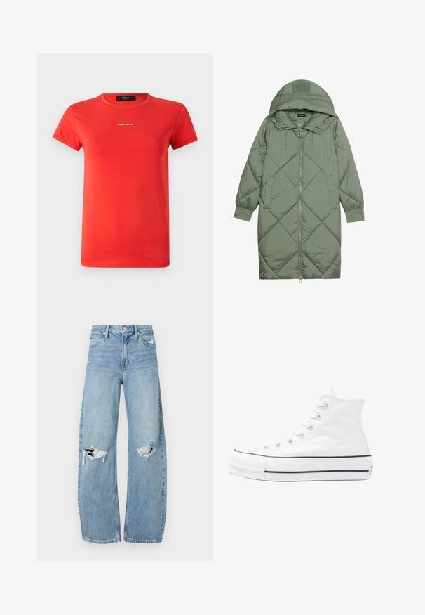 Quilted long green puffer coat with a hood, featuring a front zipper closure and two side pockets. Textured diamond pattern throughout.; Replay LOGO - Basic T-shirt - red; Light blue, high-waisted jeans made of denim. Feature wide legs, two torn knee areas, and classic five-pocket styling.; White high-top canvas sneaker with black rubber sole, front rubber toe cap, and six eyelets for laces, featuring a clean, minimalist design.