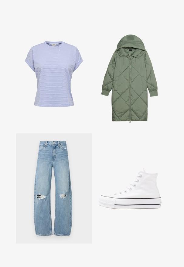 Prostorna dolga zeleni puffer plašč s kapuco, z zadrgo spredaj in dvema stranskima žepoma. Tekstura z diamantnim vzorcem po celotni površini.; Svetlo modra prugasta majica s okroglo izreza, kratkimi zavihanimi rokavi in sproščenim krojem. Narejena iz mehkega blaga z gladko teksturo.; Svijetloplave traperice visoki struk. Imaju široke nogavice, dva poderana područja na koljenima i klasičan petotoksi stil.; Beli visoki platneni športni čevelj z črnim gumijastim podplatom, sprednjim gumijastim zaščitnikom za prste in šestimi luknjicami za vezalke, ki se ponaša s preprostim, minimalističnim dizajnom.