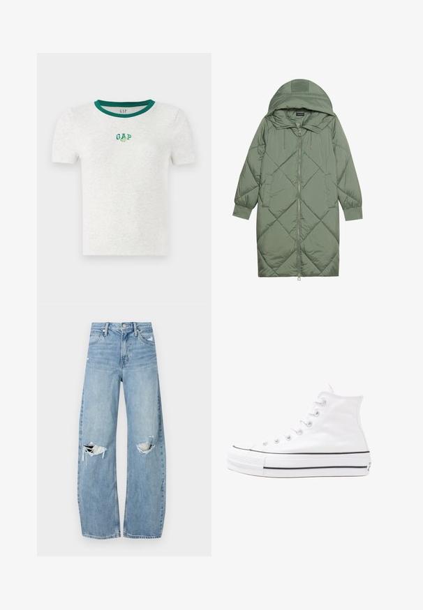 Steppelt, hosszú zöld pufikabát kapucnival, elöl cipzáras záródással és két oldalsó zsebből áll. Az anyagon teljes hosszában váltakozó gyémántmintázat található.; Rövid ujjú fehér póló zöld bordázott nyakkal, a mellrészen egy kis zöld és fehér hímzett "GAP" logóval.; Világoskék, magas derekú farmernadrág. Széles lábakkal, két szakadt térddel és klasszikus öt zsebes dizájnnal rendelkezik.; Fehér magaskorsó vászon sportcipő fekete gumi talppal, elülső gumi orrnyereggel és hat fűzőlyukkal, letisztult, minimalista dizájnnal.