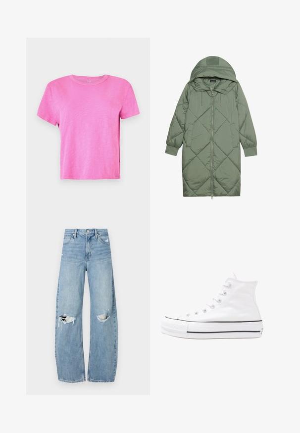 Cele nouă pictate în verde închis, din material pufos, cu glugă, care dispune de închidere cu fermoar frontal și două buzunare laterale. Model texturat cu un model în diamant pe întreaga suprafață.; Tricou cu mânecă scurtă, cu gât rotund, de culoare roz aprins. Fabricat dintr-un material moale și texturat, cu o croială lejeră și un aspect ușor heather.; Jeans de denim, de un bleu deschis, cu talie înaltă. Au picioare late, două zone rupte la genunchi și un stil clasic cu cinci buzunare.; Adidași albi tip pantofi sport cu glezna din pânză, cu talpă din cauciuc negru, capac de vârf din cauciuc frontal și șase ochiuri pentru șireturi, având un design curat și minimalist.