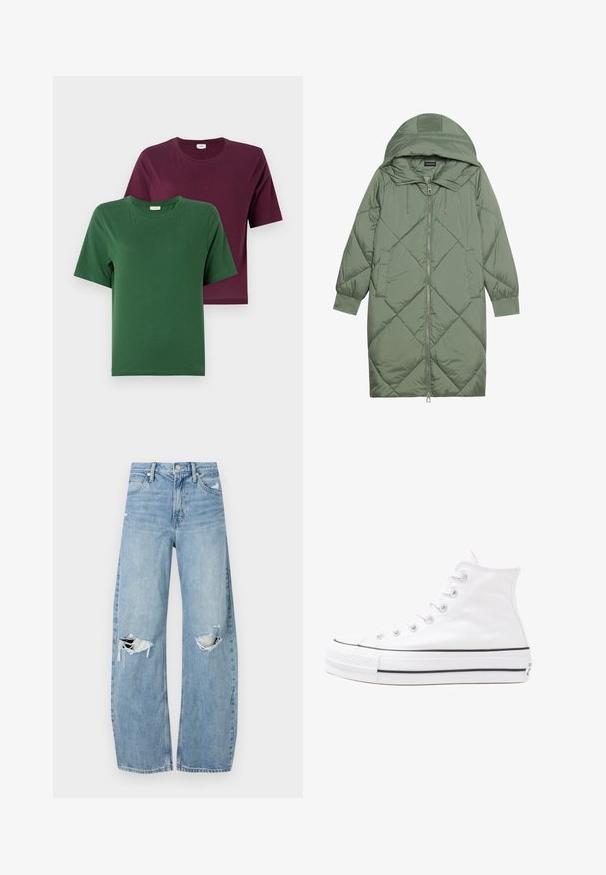 Cele nouă pictate în verde închis, din material pufos, cu glugă, care dispune de închidere cu fermoar frontal și două buzunare laterale. Model texturat cu un model în diamant pe întreaga suprafață.; Două tricouri cu mânecă scurtă: unul verde și unul burgund, fabricate din bumbac neted, cu guler rotund și designuri simple.; Jeans de denim, de un bleu deschis, cu talie înaltă. Au picioare late, două zone rupte la genunchi și un stil clasic cu cinci buzunare.; Adidași albi tip pantofi sport cu glezna din pânză, cu talpă din cauciuc negru, capac de vârf din cauciuc frontal și șase ochiuri pentru șireturi, având un design curat și minimalist.