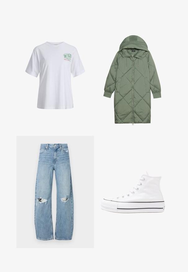 Quilted long green puffer coat with a hood, featuring a front zipper closure and two side pockets. Textured diamond pattern throughout.; White cotton t-shirt with short sleeves, relaxed fit, features a green graphic on the chest and red text "SINCE 2020" below.; Light blue, high-waisted jeans made of denim. Feature wide legs, two torn knee areas, and classic five-pocket styling.; White high-top canvas sneaker with black rubber sole, front rubber toe cap, and six eyelets for laces, featuring a clean, minimalist design.