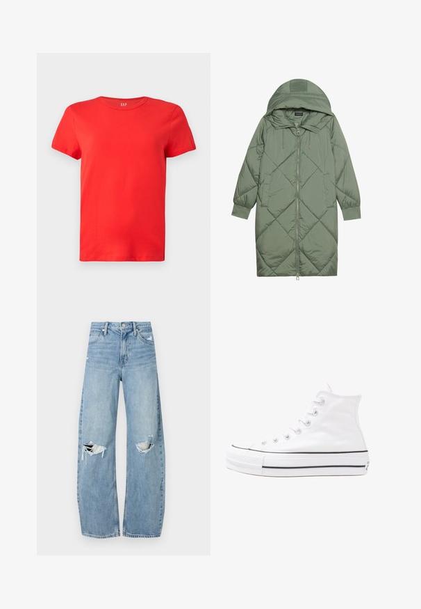 Steppelt, hosszú zöld pufikabát kapucnival, elöl cipzáras záródással és két oldalsó zsebből áll. Az anyagon teljes hosszában váltakozó gyémántmintázat található.; Piros pamut, rövid ujjú póló kerek nyakkal, lazán illeszkedő fazonnal, a nyakközepén fehér "GAP" logóval.; Világoskék, magas derekú farmernadrág. Széles lábakkal, két szakadt térddel és klasszikus öt zsebes dizájnnal rendelkezik.; Fehér magaskorsó vászon sportcipő fekete gumi talppal, elülső gumi orrnyereggel és hat fűzőlyukkal, letisztult, minimalista dizájnnal.