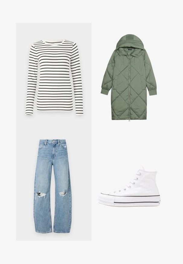 Quiltuotas ilgas žalias pūkinis paltas su kapuce, turintis priekinį užtrauktuką ir dvi šonines kišenes. Visame paviršiuje yra tekstūrinis rombų raštas.; Ilgų rankovių juostuotas marškinėliai, turintys horizontalias juodas ir baltas juosteles, apvalią iškirptę ir lygų medvilnės audinio tekstūrą.; Šviesiai mėlynos, aukštu juosmeniu džinsai pagaminti iš džinsinio audinio. Turi plačias kojų kelnes, dvi suplėšytas kelio vietas ir klasikinį penkių kišenių dizainą.; Balti aukštakulniai drobės sportbačiai su juodu guminio pado, priekinio guminio piršto dangteliu ir šešiais akytėmis raištams, pasižymintys švariu, minimalistiniu dizainu.