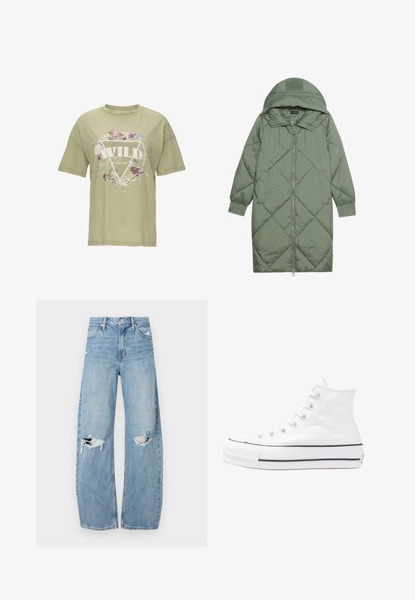 Gesteppten langer grüner Daunenmantel mit Kapuze, mit einem Reißverschluss vorne und zwei Seitentaschen. Strukturiertes Rautenmuster auf der gesamten Fläche.; Olivengrünes Baumwoll-T-Shirt mit kurzen Ärmeln, das ein florales Grafikdesign und den Text "WILD Flowers" in Weiß innerhalb eines Dreiecks zeigt.; Helles, hochtailliertes Jeans aus Denim. Hat weit geschnittene Beine, zwei aufgerissene Kniebereiche und klassischen Fünf-Taschen-Stil.; Weiße hochwertige Leinensneaker mit schwarzer Gummisohle, vorderem Gummizehenschutz und sechs Ösen für Schnürsenkel, die ein sauberes, minimalistisches Design aufweisen.