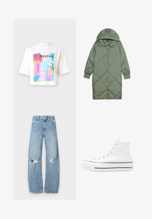 Quiltet lang grøn pufferjakke med hætte, med frontlynlås og to sidelommer. Teksturret diamantmønster over det hele.; Hvid kortærmet t-shirt med et farverigt grafisk print, der skildrer en scene i Havana, med en kvinde i pink og blå nuancer.; Lysblå, højtraljede jeans lavet af denim. Har brede ben, to huller ved knæene og klassisk fem-lommes stil.; Hvide høje kanvas sneakers med sort gummisål, gummitåhætte foran og seks øjehuller til snørebånd, der har et rent, minimalistisk design.