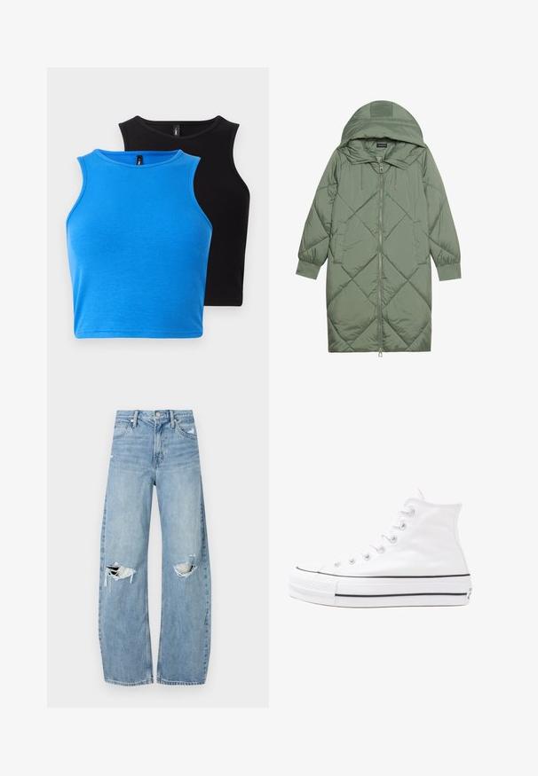 Vadderad lång grön pufferjacka med huva, med en framsidan dragkedjestängning och två sidofickor. Strukturerad diamantmönster över hela plagget.; Två figursydda, ärmlösa crop tops—en i ribbat blått tyg, den andra i ribbat svart. Båda har rund halsringning och en mjuk textur.; Ljusblå, högmidjade jeans i denim. Har vida ben, två slitna knäområden och klassisk femfickedesign.; Vit hög topp canvas sneaker med svart gummisulan, framsidan gummitåhätta och sex öglor för snören, med en ren, minimalistisk design.