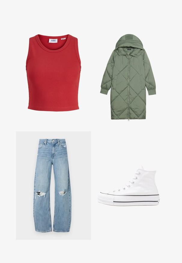 Abrigo acolchado largo verde tipo puffer con capucha, que presenta un cierre frontal con cremallera y dos bolsillos laterales. Patrón de diamantes texturizado en toda su superficie.; Top corto sin mangas de canalé rojo con cuello redondo y dobladillo cosido. Presenta una etiqueta dentro del cuello. Tejido suave y texturizado.; Vaqueros de mezclilla de tiro alto en azul claro. Tienen piernas anchas, dos áreas desgastadas en las rodillas y un estilo clásico de cinco bolsillos.; Zapatilla de lona alta blanca con suela de goma negra, puntera de goma frontal y seis ojetes para los cordones, que presenta un diseño limpio y minimalista.