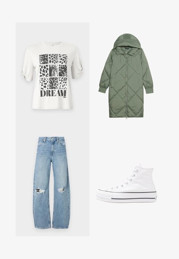 Cappotto lungo imbottito verde con un cappuccio, caratterizzato da una chiusura frontale a zip e due tasche laterali. Motivo a rombi testurizzati su tutta la superficie.; Maglietta bianca con un collage di stampa leopardata in nero e grigio, con la scritta "DREAM" stampata in bold nero nella parte inferiore.; Jeans azzurri chiari a vita alta realizzati in denim. Presentano gambe larghe, due aree strappate sulle ginocchia e il classico styling a cinque tasche.; Sneaker alta in tela bianca con suola in gomma nera, punta in gomma frontale e sei asole per i lacci, caratterizzata da un design pulito e minimalista.