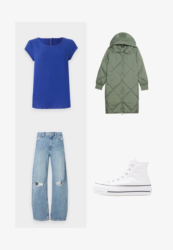 Abrigo acolchado largo verde tipo puffer con capucha, que presenta un cierre frontal con cremallera y dos bolsillos laterales. Patrón de diamantes texturizado en toda su superficie.; Top corto de manga corta en color azul, confeccionado con una tela suave. Cuenta con un escote redondo y un cierre oculto en la parte posterior. Dobladillo recto.; Vaqueros de mezclilla de tiro alto en azul claro. Tienen piernas anchas, dos áreas desgastadas en las rodillas y un estilo clásico de cinco bolsillos.; Zapatilla de lona alta blanca con suela de goma negra, puntera de goma frontal y seis ojetes para los cordones, que presenta un diseño limpio y minimalista.