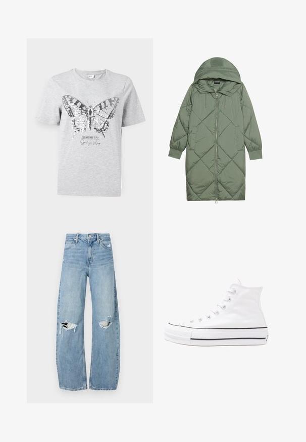 Abrigo acolchado largo verde tipo puffer con capucha, que presenta un cierre frontal con cremallera y dos bolsillos laterales. Patrón de diamantes texturizado en toda su superficie.; Camiseta de algodón gris con un gráfico de mariposa decorada con acentos de lentejuelas. El texto debajo dice "ERES LIBRE PARA VOLAR Abre tus Alas."; Vaqueros de mezclilla de tiro alto en azul claro. Tienen piernas anchas, dos áreas desgastadas en las rodillas y un estilo clásico de cinco bolsillos.; Zapatilla de lona alta blanca con suela de goma negra, puntera de goma frontal y seis ojetes para los cordones, que presenta un diseño limpio y minimalista.