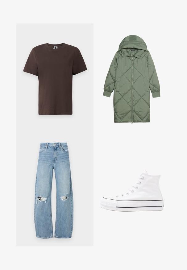 Prošívaný dlouhý zelený péřový kabát s kapucí, který má přední zip a dvě boční kapsy. Po celém povrchu je texturovaný diamantový vzor.; Hnědé bavlněné tričko s kulatým výstřihem, krátkými rukávy a volným střihem. Hladká textura bez viditelných vzorů či ozdob.; Světle modré džíny s vysokým pasem vyrobené z denimu. Mají široké nohavice, dvě roztržené oblasti na kolenou a klasický pětikapsový střih.; Bílé vysoké plátěné tenisky s černou gumovou podrážkou, přední gumovou špičkou a šesti očky na tkaničky, se čistým, minimalistickým designem.