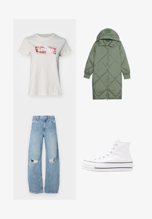 Quiltuotas ilgas žalias pūkinis paltas su kapuce, turintis priekinį užtrauktuką ir dvi šonines kišenes. Visame paviršiuje yra tekstūrinis rombų raštas.; Levi's® Marškinėliai su spaudiniu - white swan; Šviesiai mėlynos, aukštu juosmeniu džinsai pagaminti iš džinsinio audinio. Turi plačias kojų kelnes, dvi suplėšytas kelio vietas ir klasikinį penkių kišenių dizainą.; Balti aukštakulniai drobės sportbačiai su juodu guminio pado, priekinio guminio piršto dangteliu ir šešiais akytėmis raištams, pasižymintys švariu, minimalistiniu dizainu.